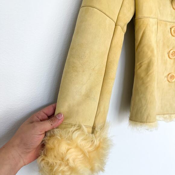 New Label SheepSkin Cream Yellow Leather Button Up shearling Jacket - Picture 3 of 15